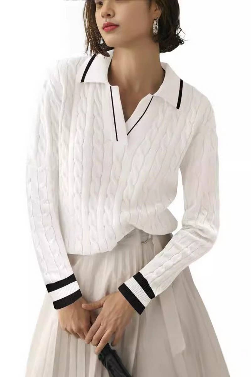 CWOSWL6382_SOLID COLOR LAPEL V-NECK CABLE KNIT PULLOVER