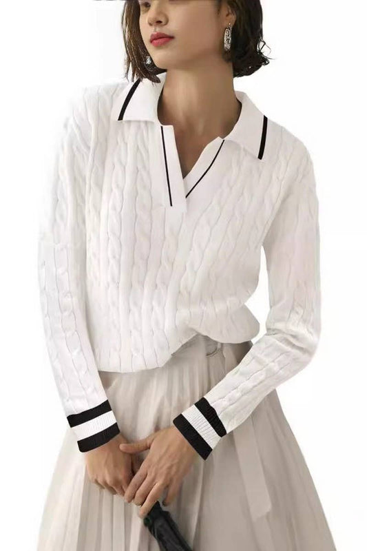 CWOSWL6382_SOLID COLOR LAPEL V-NECK CABLE KNIT PULLOVER