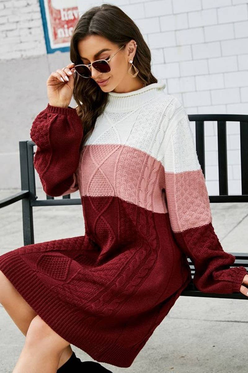CWDSD5248_ROUND NECK LOOSE CONTRAST COLOR SWEATER DRESS