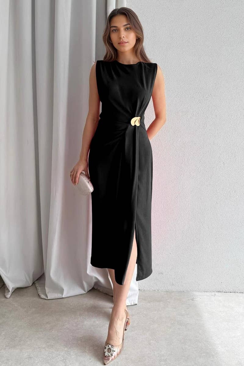 CWDMD6407_RUCHED SLEEVELESS SPLIT SOLID MIDI DRESS