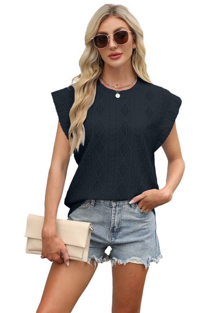 CWTBLS1696_ROUND NECK JACQUARD LOOSE SHORT SLEEVE TOP