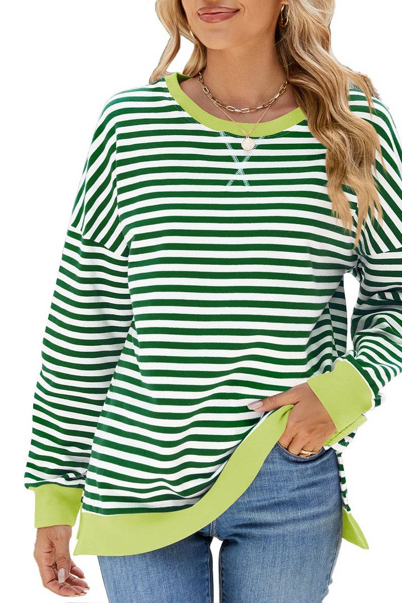 CWTBLL3746_CONTRAST COLOR SLIT LOOSE STRIPED SWEATSHIRT