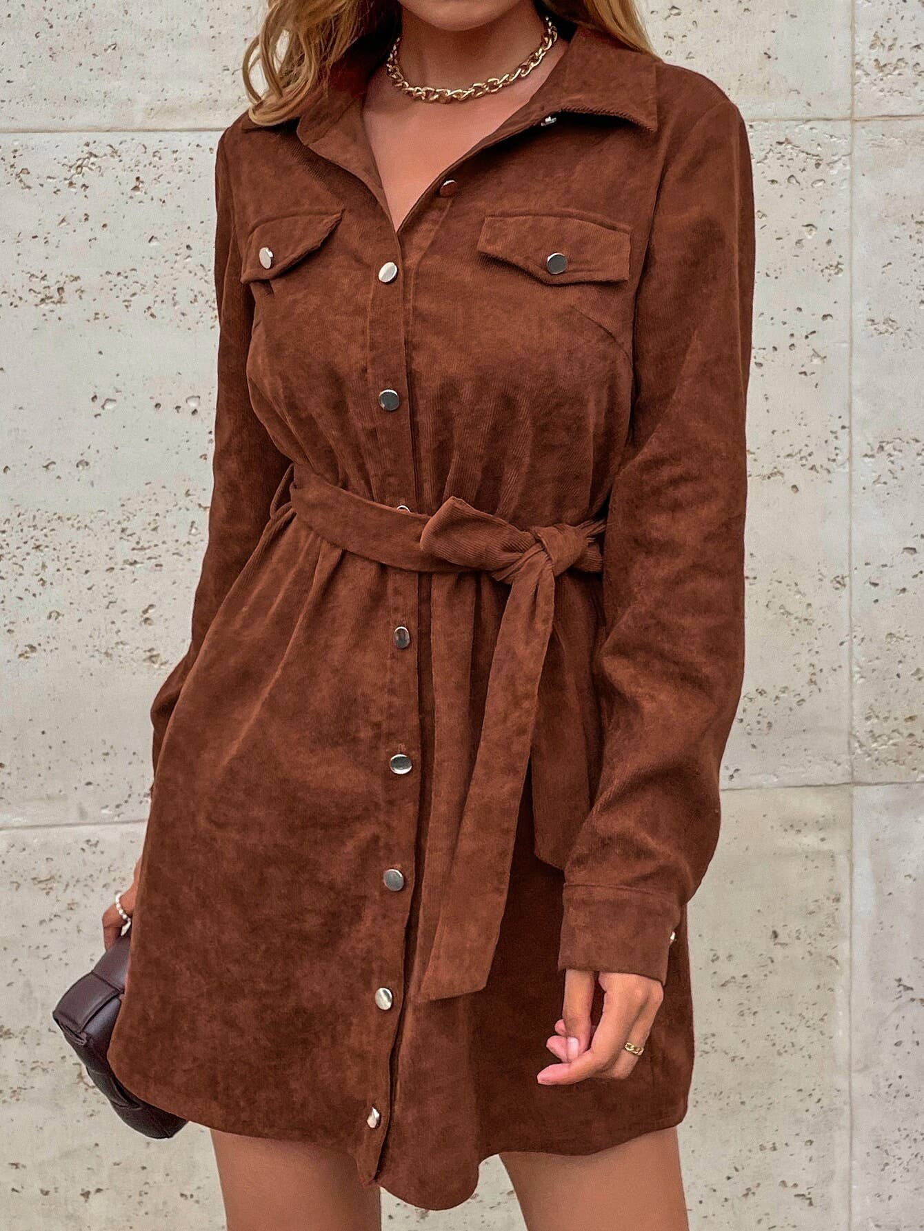 CASUAL CORDUROY SHIRT DRESS WITH LOOSE WAISTBAND