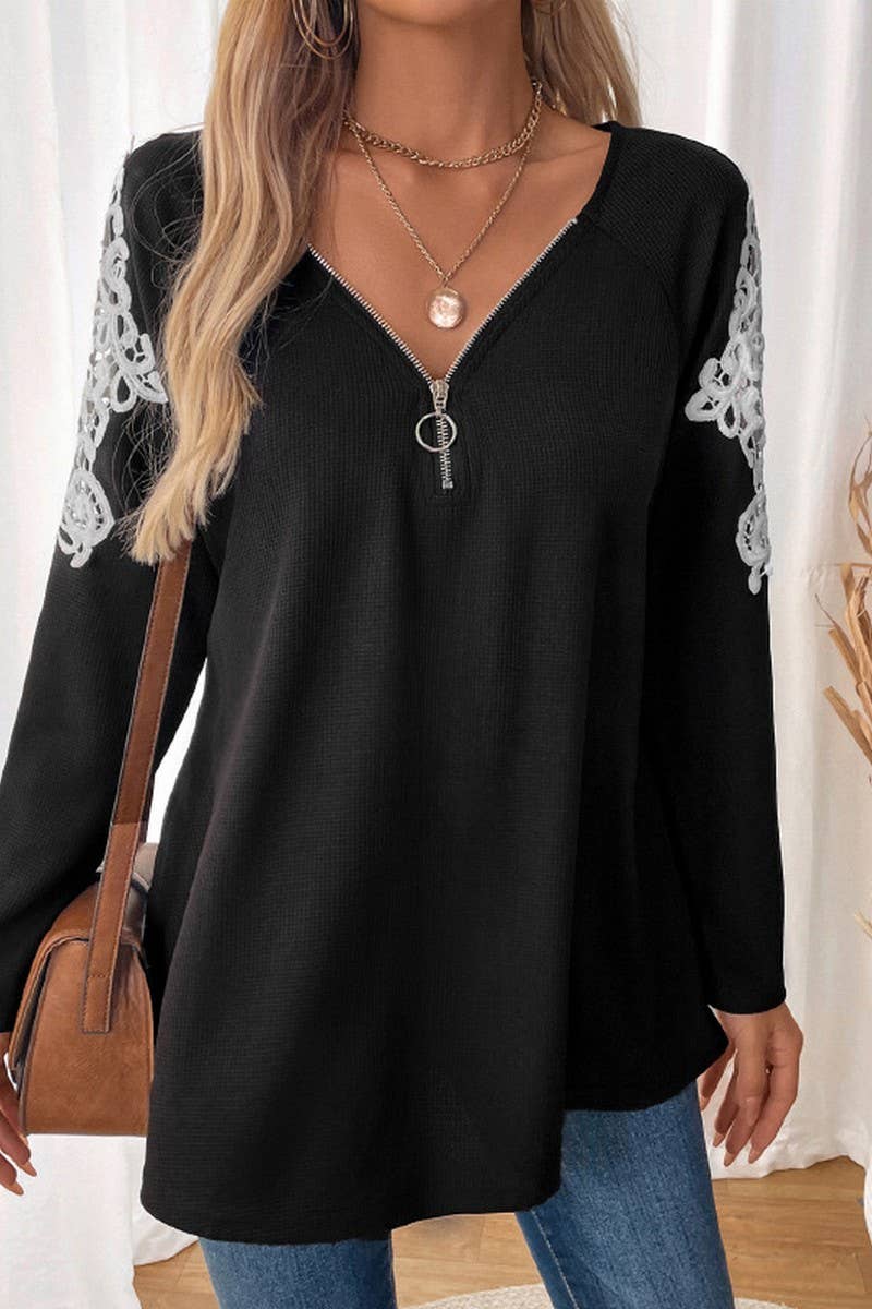 CWTBLL2034_V-NECK LACE PANEL LONG-SLEEVED T-SHIRT TOP