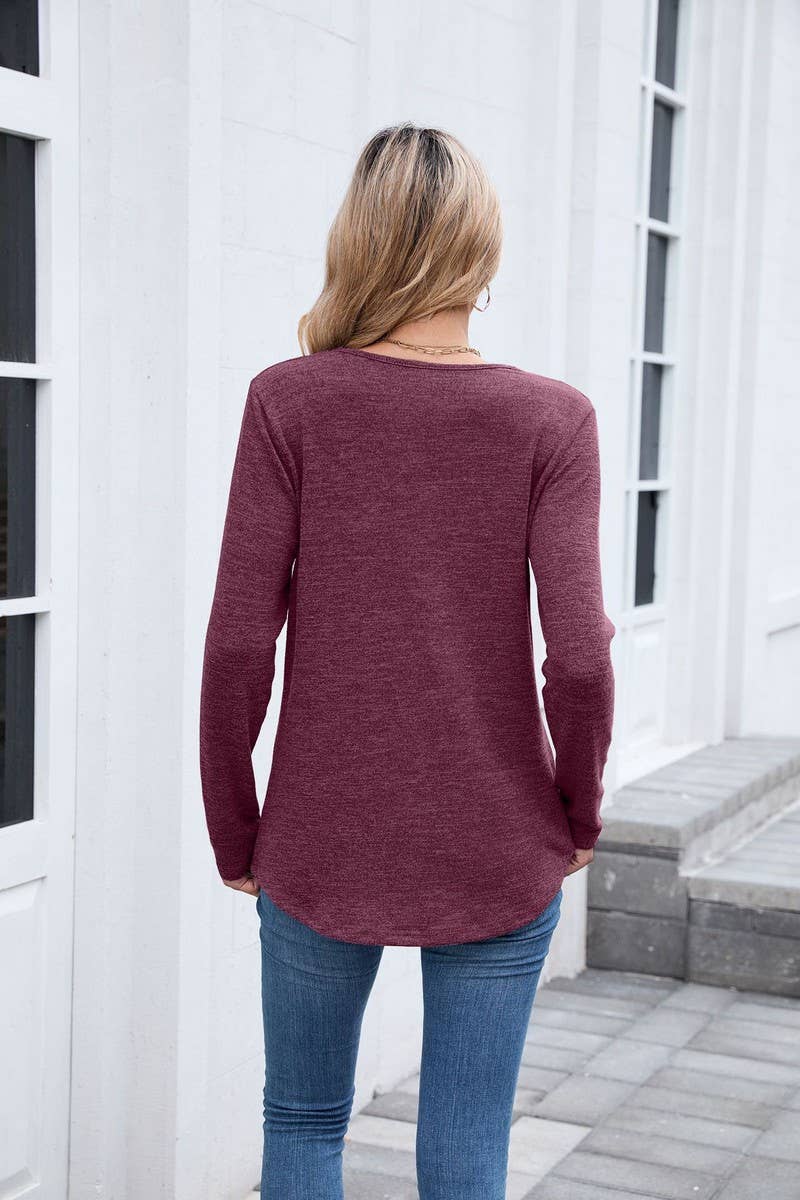 CWTBLL01302_V NECK LOOSE FIT LONG SLEEVE CASUAL TEE