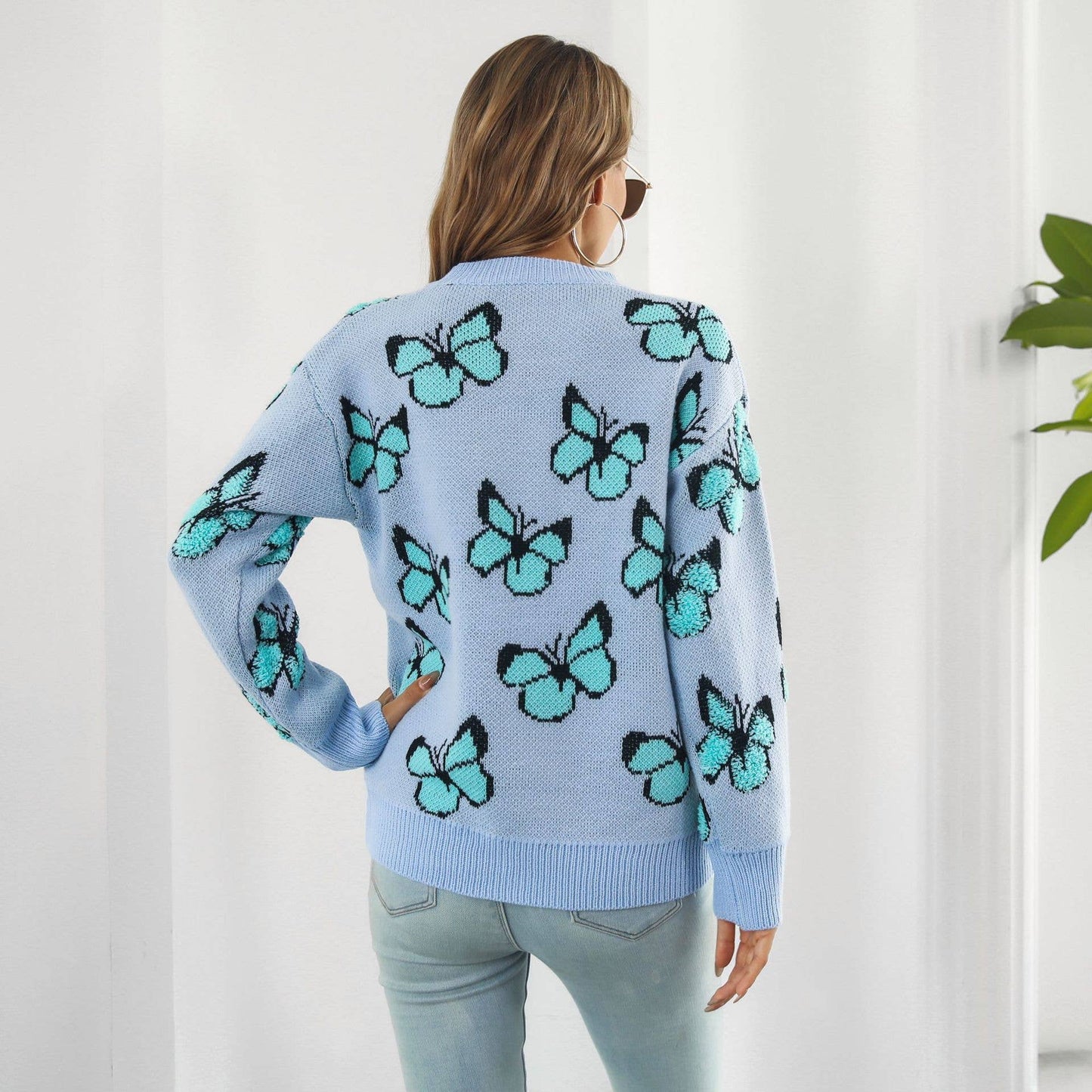 BUTTERFLY SWEATER WITH LOOSE CREW NECK PULLOVER