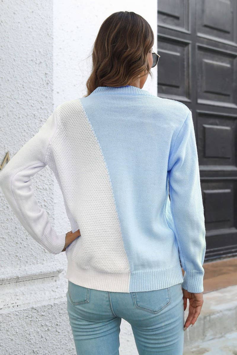 CWOSWL4087_CONTRAST COLOR CABLE KNITTED LONG SLEEVE SWEATER