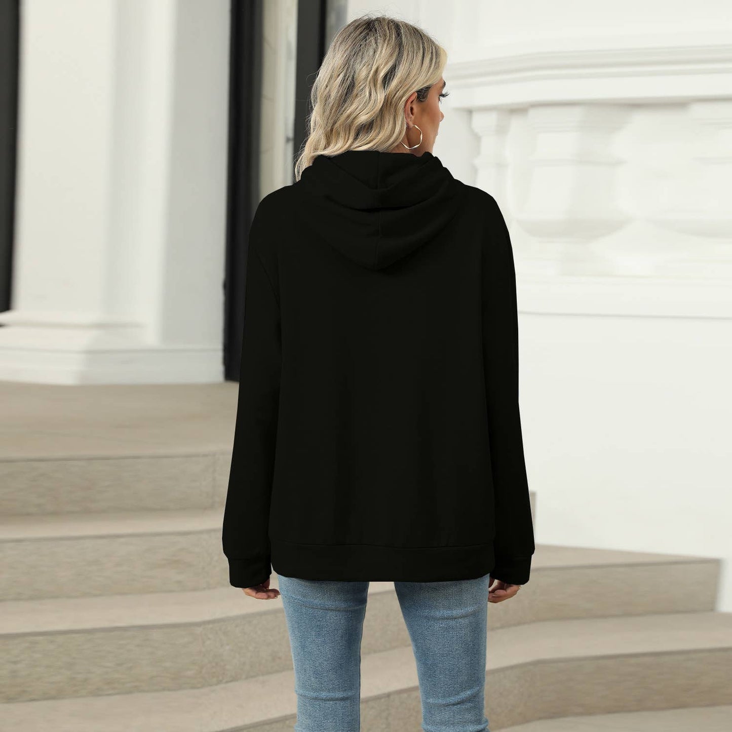 CASUAL HOODED POCKET HOODIE SOLID COLOR TOP