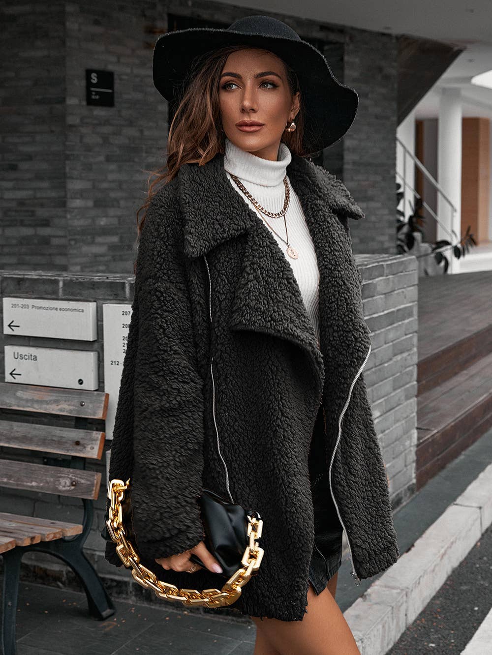 BUBBLY ZIPPER FUR COAT LAPEL WOOL TRENCH COAT