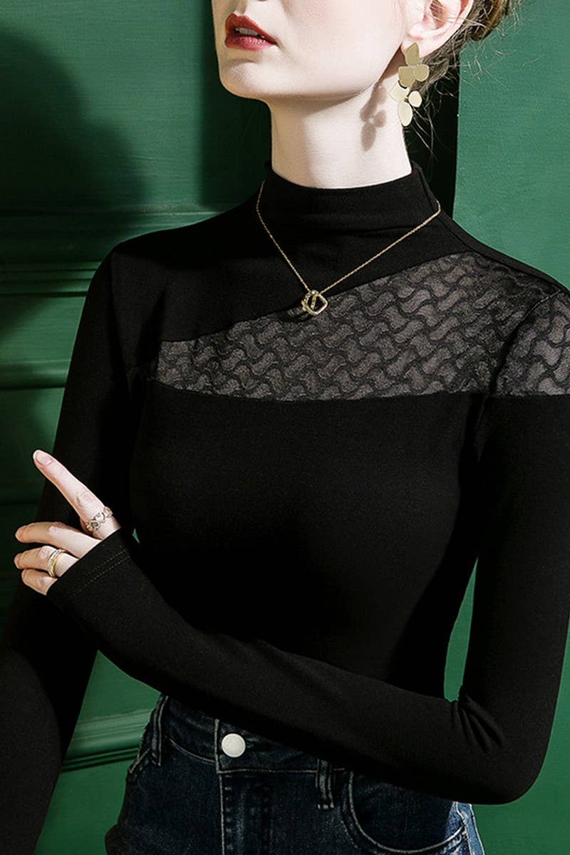 CWTBLL2513_HALF TURTLENECK LACE PATCHWORK BOTTOMING SHIRT