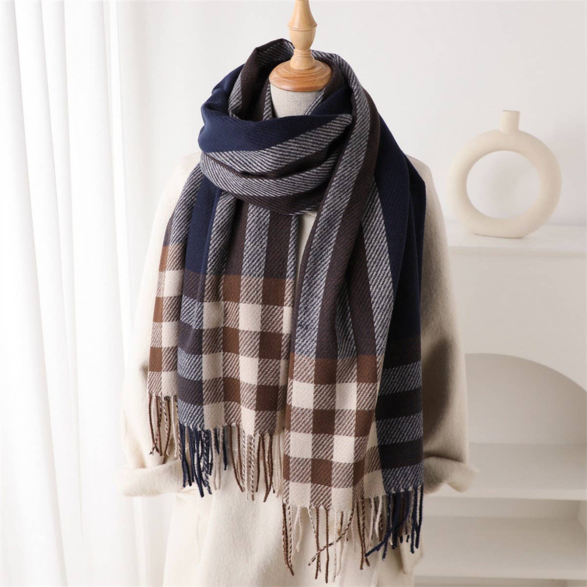 Modern Plaid Fringe Scarf with Luxe Texture