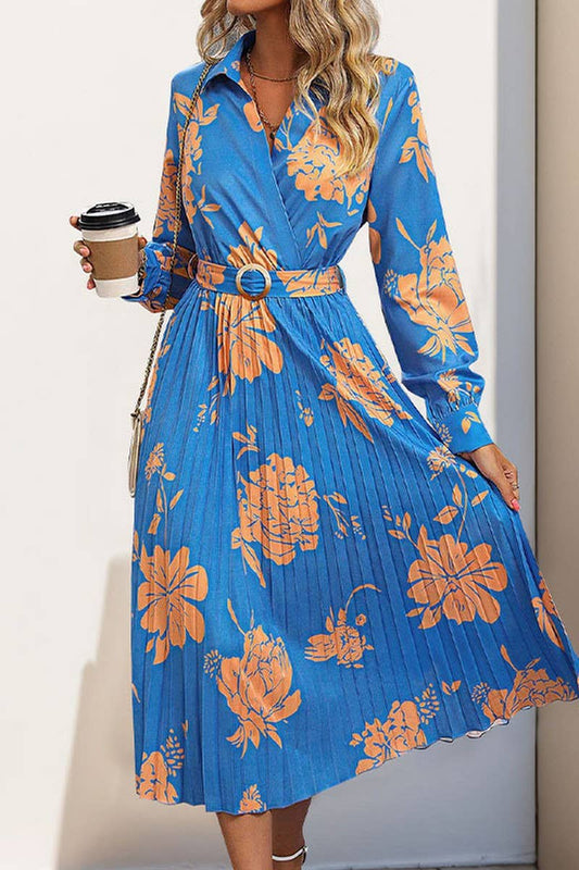 CWDMD3556_BELTED LAPEL PRINTED LONG SLEEVE PLEATED DRESS