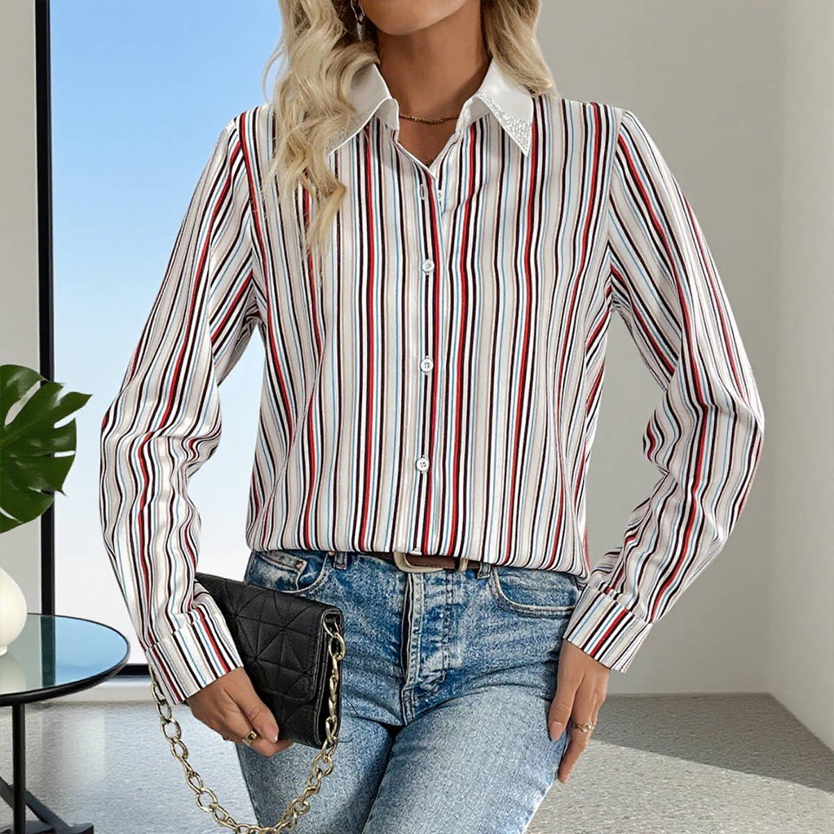 Casual lapel colorful vertical striped shirt