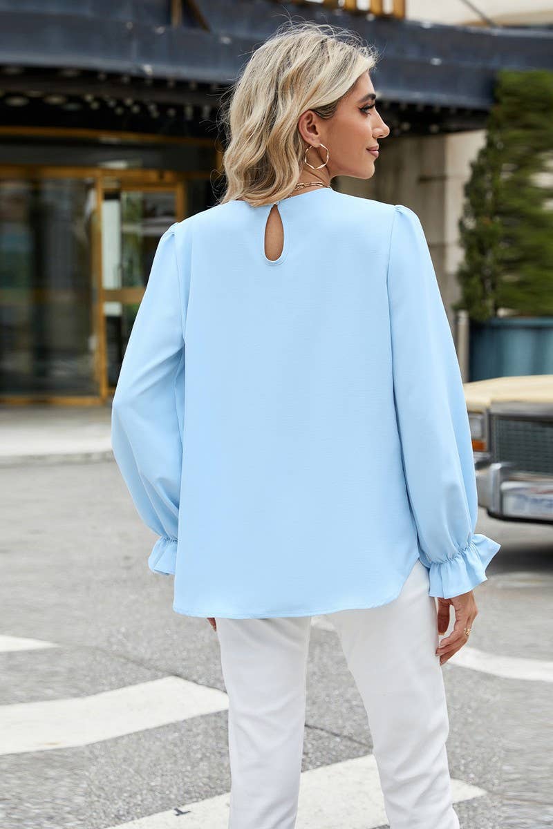 CWTBLL3683_SOLID COLOR ROUND NECK LONG SLEEVE LOOSE CHIFFON