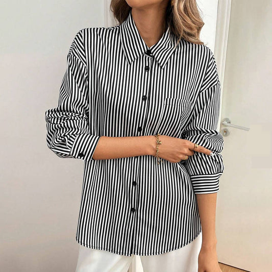 A striped printed long-sleeved shirt with a bow