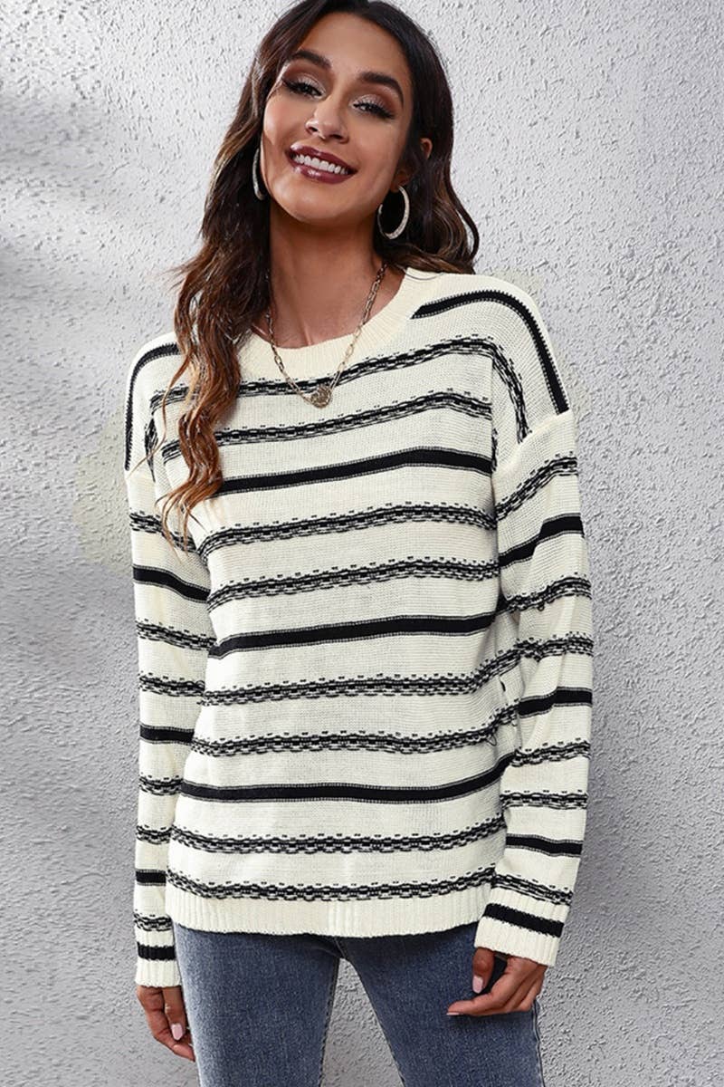 CWOSWL6406_STYLISH STRIPED CREW NECK LONG-SLEEVED SWEATER