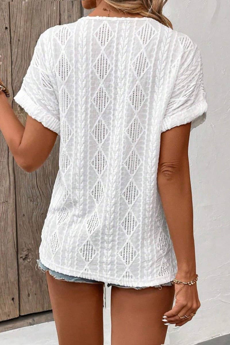 CWTBLS1794_V-NECK BUTTON-DOWN SHORT-SLEEVED TOP T-SHIRT