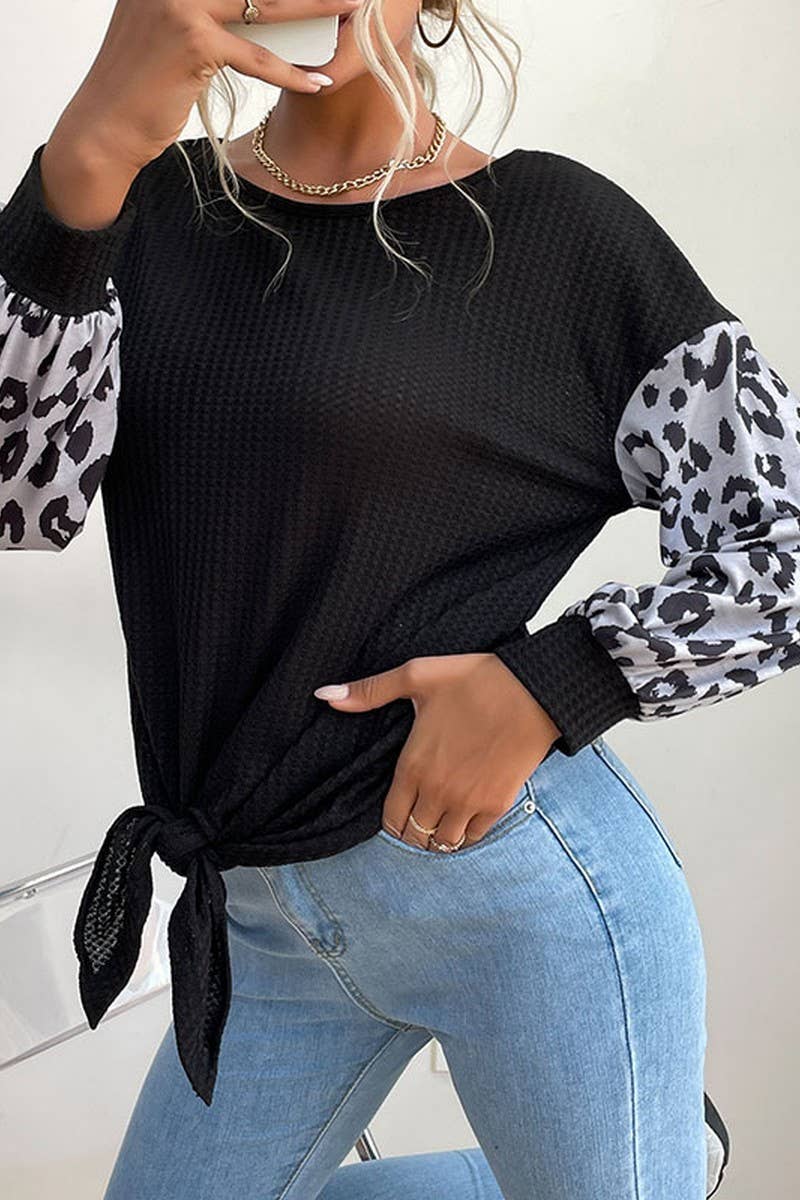 CWTTL1944_FASHION ROUND NECK STITCHING LEOPARD PRINT SWEATER