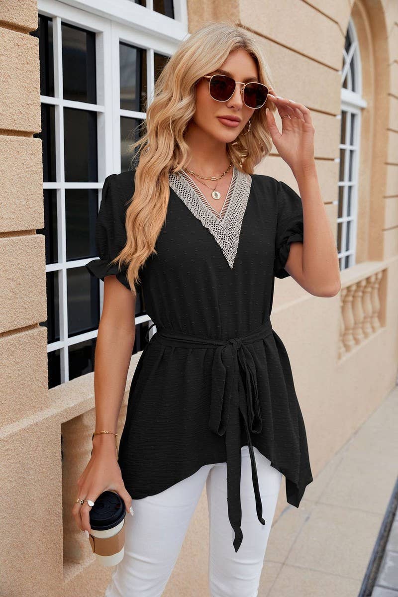 CWTBLS0445_V-Neck Short Sleeve Lace Trim Top