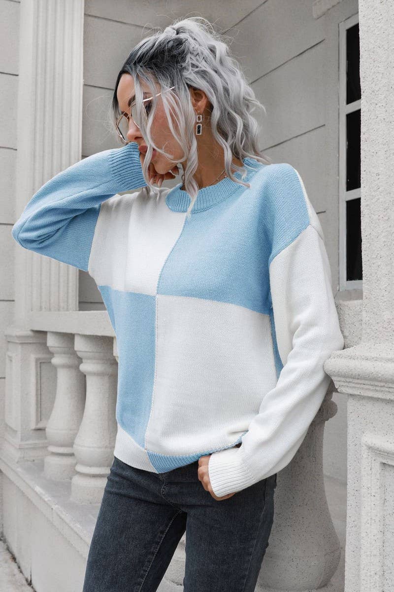 CWOSWL3892_CHECKERBOARD CREW NECK  KNIT PULLOVER SWEATER