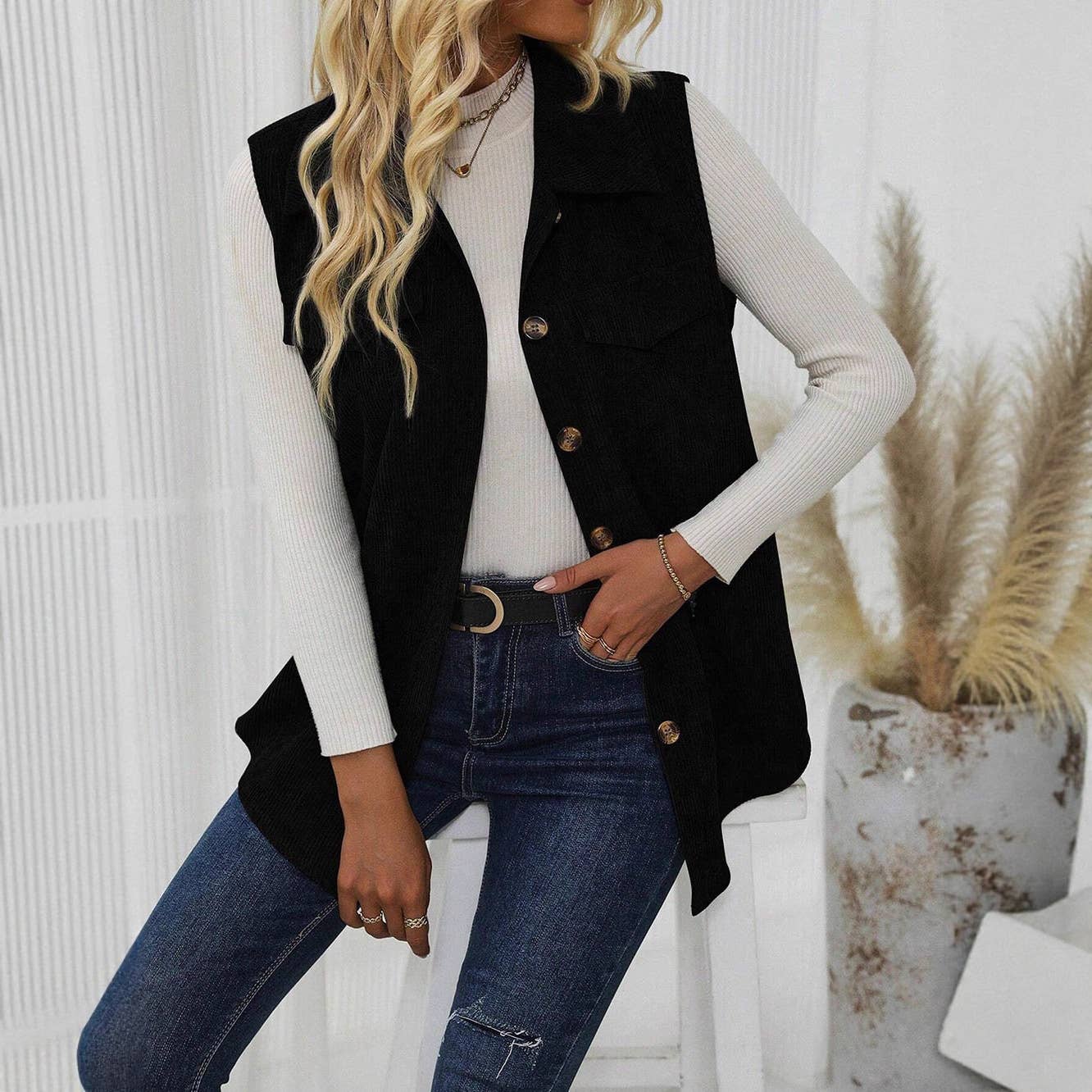 Casual corduroy lapel cardigan