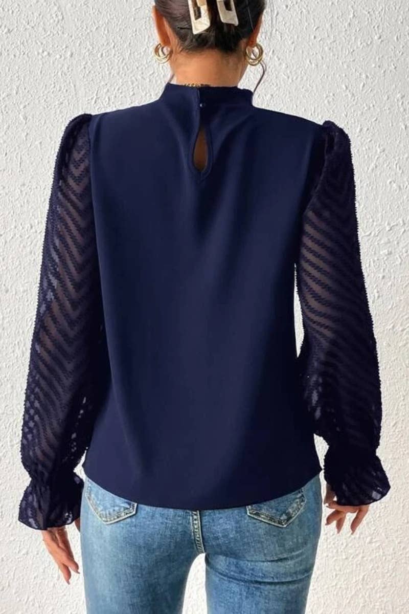 CWTBLL2546_FALL TURTLENECK MESH PATCHWORK LONG SLEEVE TOP