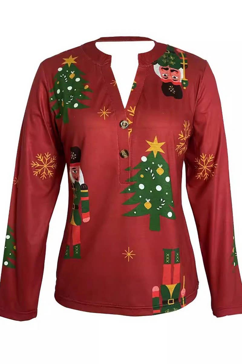 CWTBLL4082_V-NECK CHRISTMAS TREE PRINT LONG SLEEVE TEE