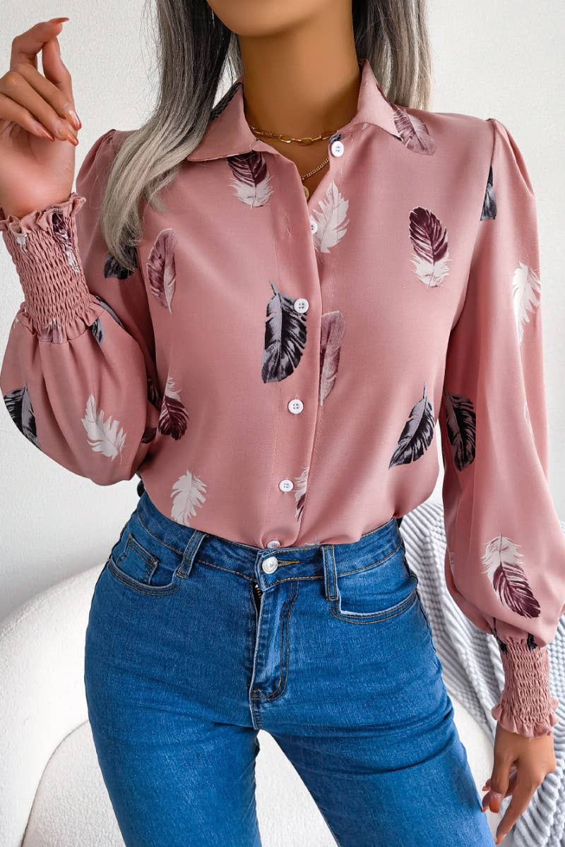 CWTSTL1206_SUMMER CASUAL FEATHER PRINT LONG-SLEEVED SHIRT