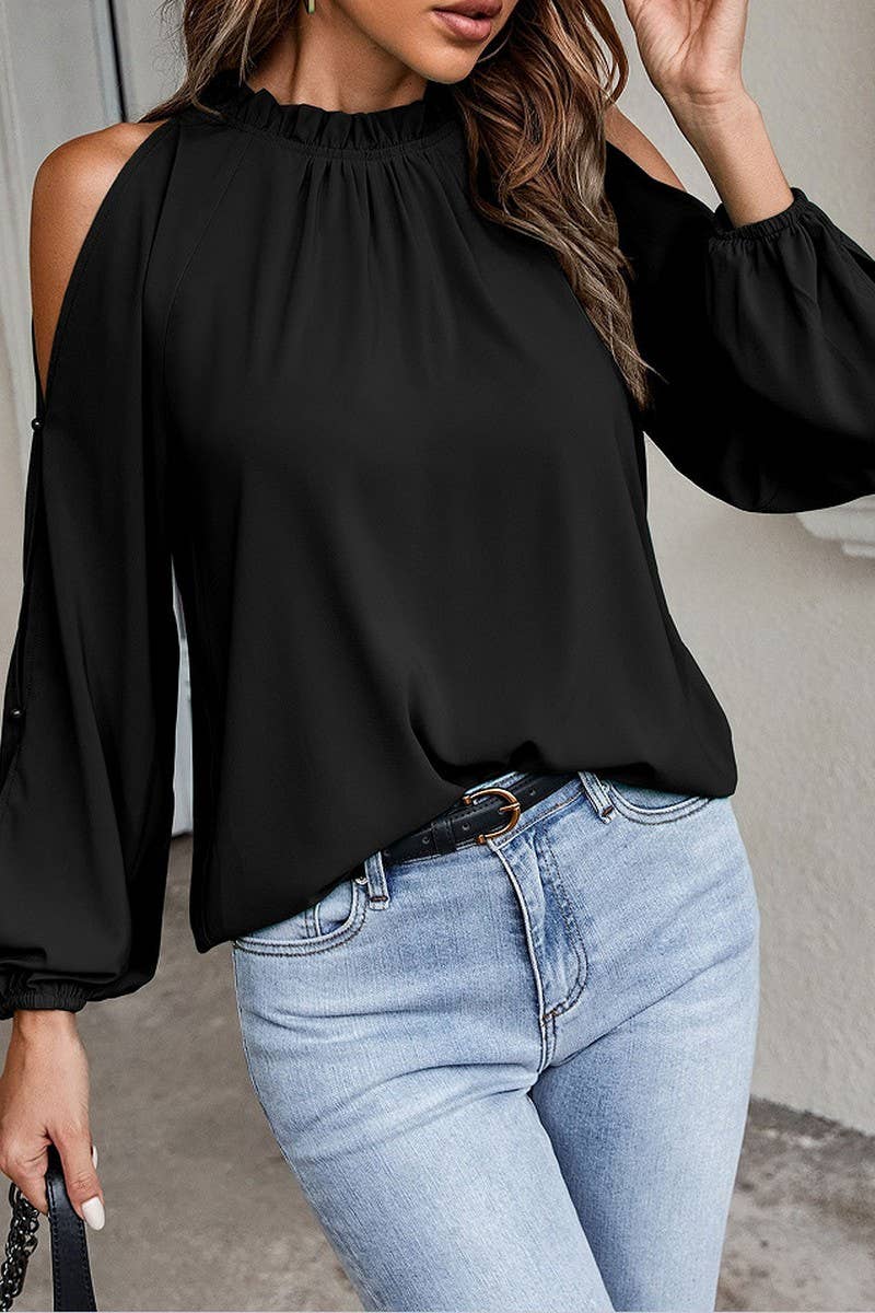CWTBLL01082_RUFFLED STAND-UP COLLAR OFF-THE-SHOULDER TOP