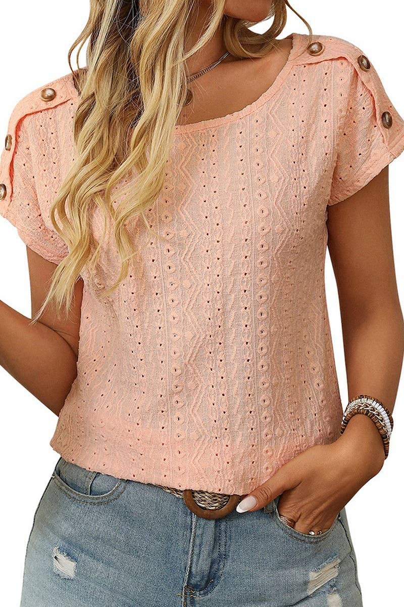 CWTBLS1709_ROUND NECK BUTTON SHORT SLEEVE CUTOUT TOP