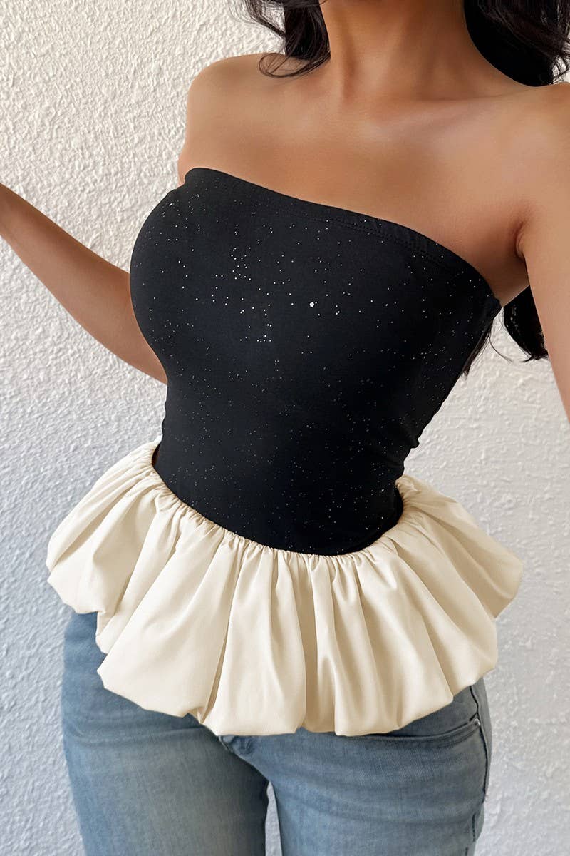 CWTTT0067_CLASSIC BLACK WHITE COLORBLOCK STRAPLESS TOP