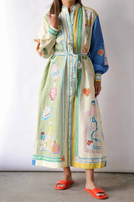 CWDMD5746_COLORBLOCK COTTON AND LINEN PRINT LACE-UP DRESS