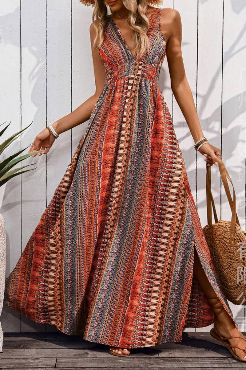 CWDHL0947_SUMMER V-NECK BOHEMIAN LONG DRESS
