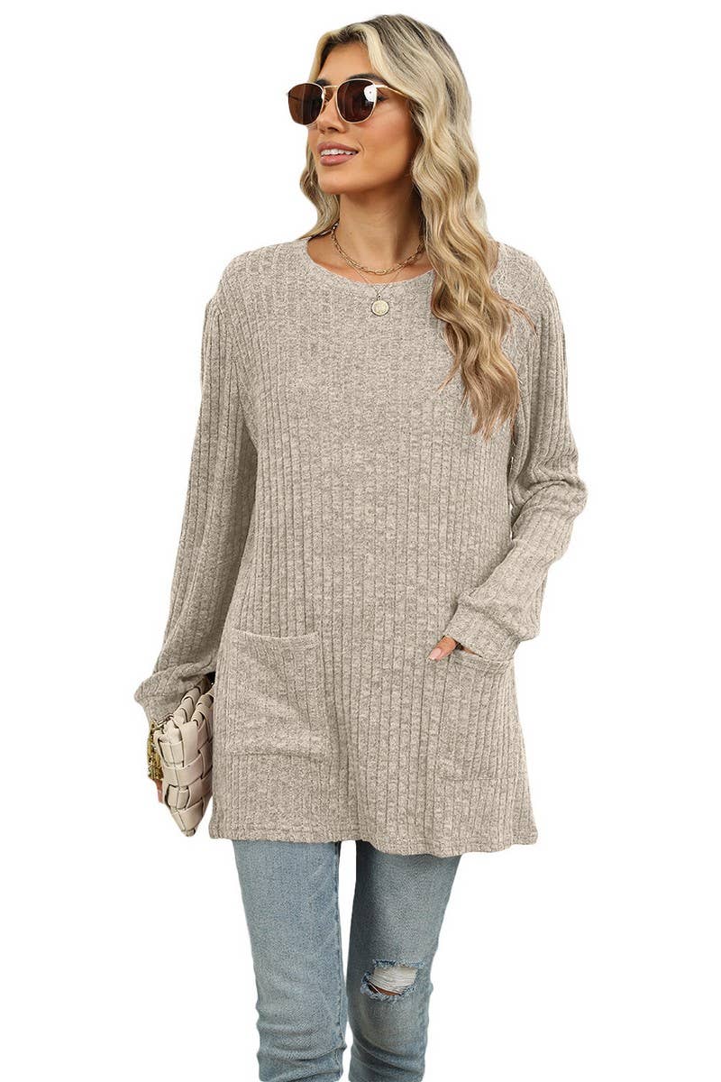 CWTBLL1118_CASUAL ROUND NECK POCKET PUFF SLEEVE LOOSE TOP