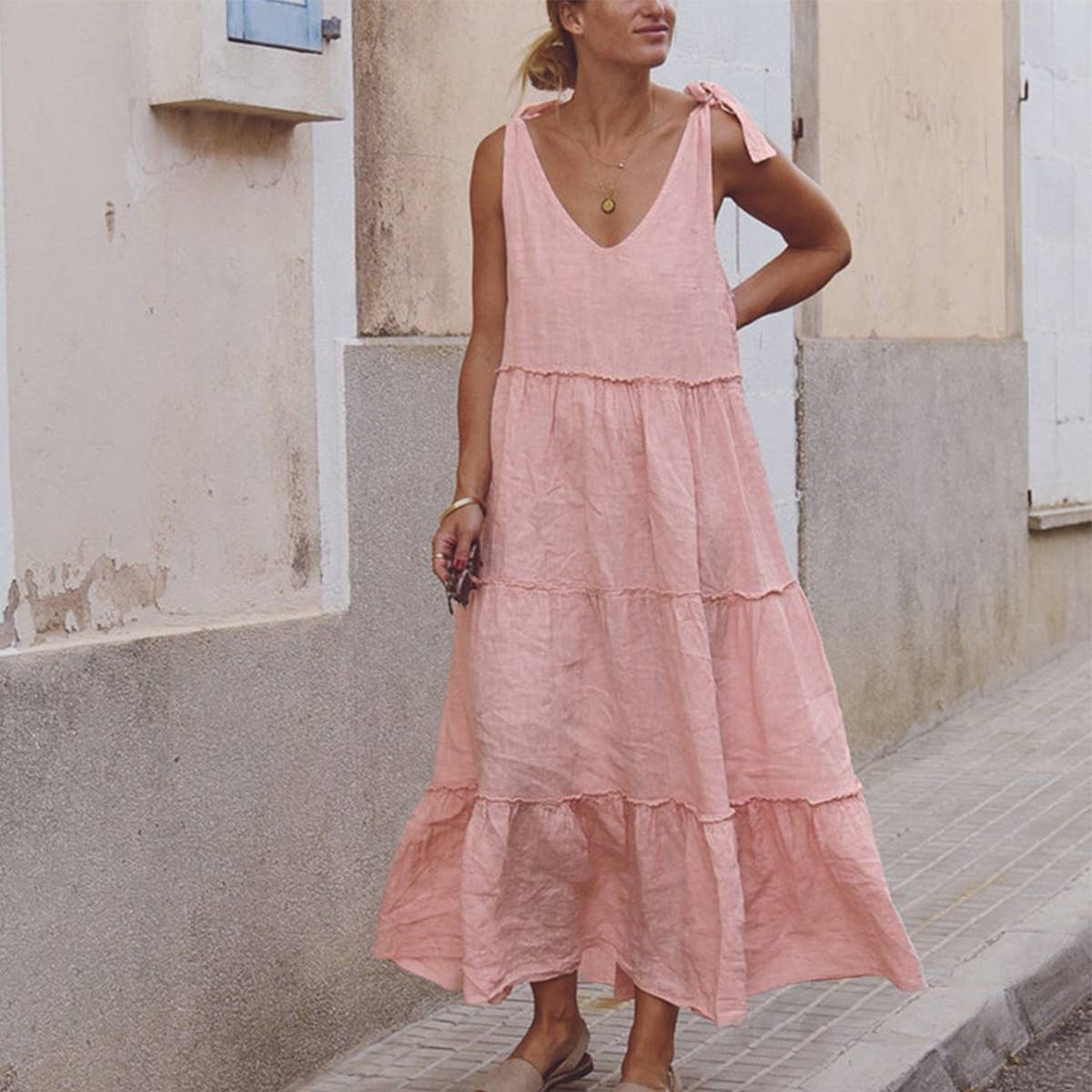 COTTON AND LINEN PATCHWORK LACE-UP DRESS