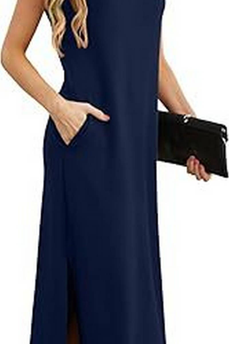 CWDMD5904_SLEEVELESS SPLIT HEM POCKET MAXI BEACH DRESS
