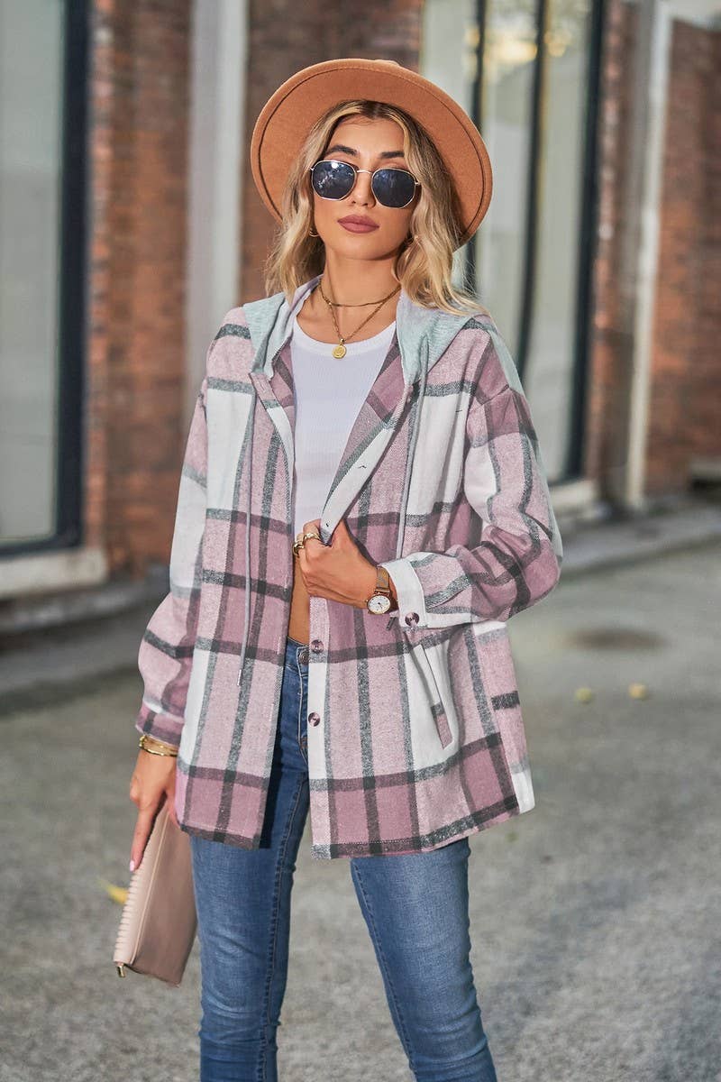 CWOCO1102_CASUAL LOOSE MID-LENGTH PLAID HOODED COAT