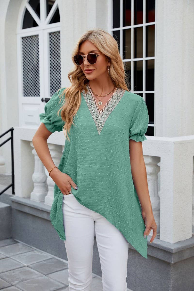 CWTBLS0445_V-Neck Short Sleeve Lace Trim Top