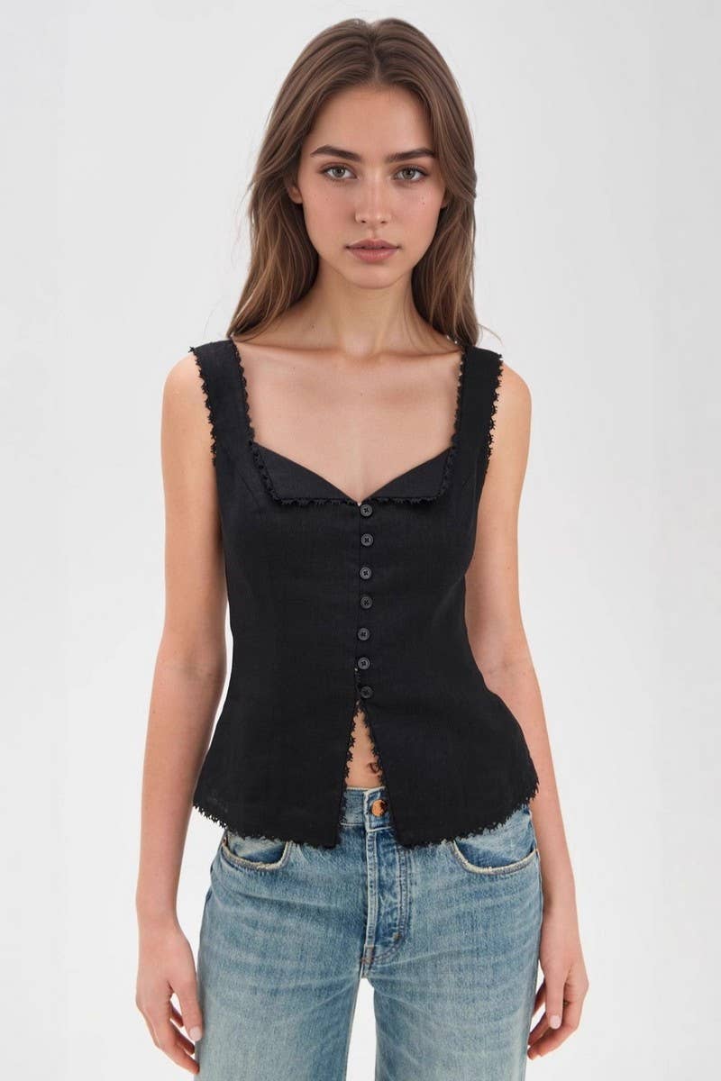 CWTTK1199_LACE TRIM BUTTON FRONT LINEN BLEND CAMI TOP