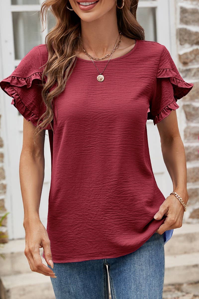 CWTBLS0352_Round neck Short Ruffle Sleeve Blouse