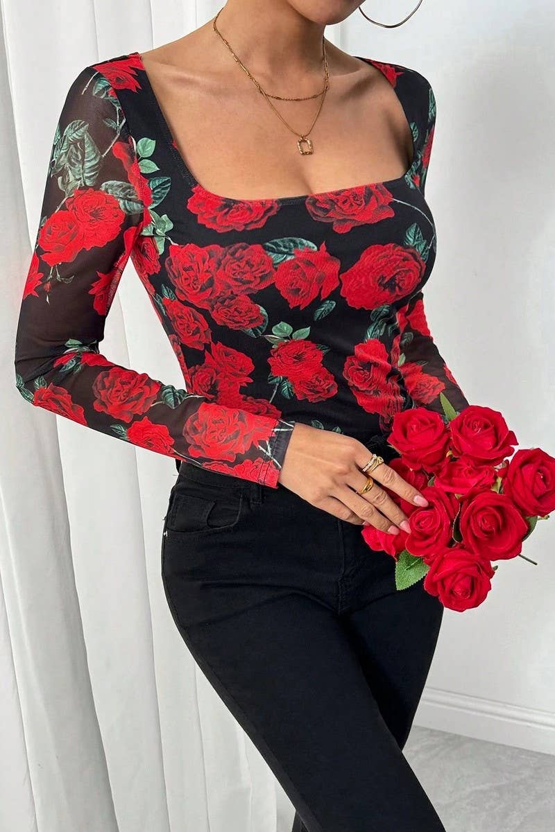 CWTBLL3913_ROSE FLORAL MESH PRINT SEXY U-NECK TEE
