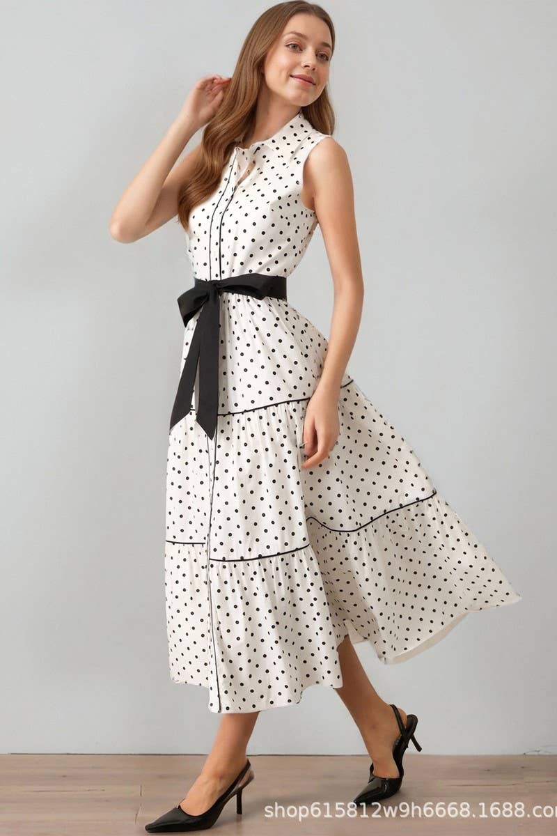 CWDMD6435_SLEEVELESS POLKA DOT TIE WAIST COLLAR DRESS