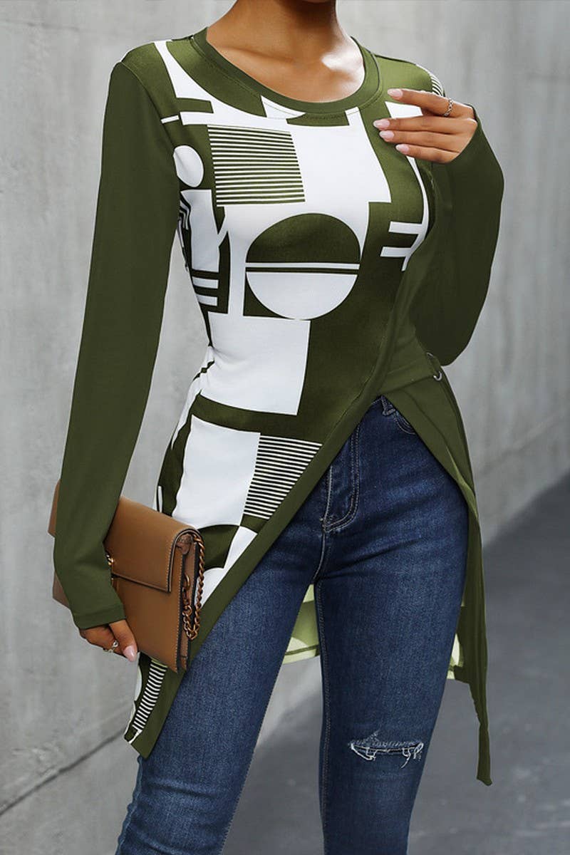 CWTTL1967_SIMPLE GEOMETRIC PATTERN SLIM FIT LONG T-SHIRT