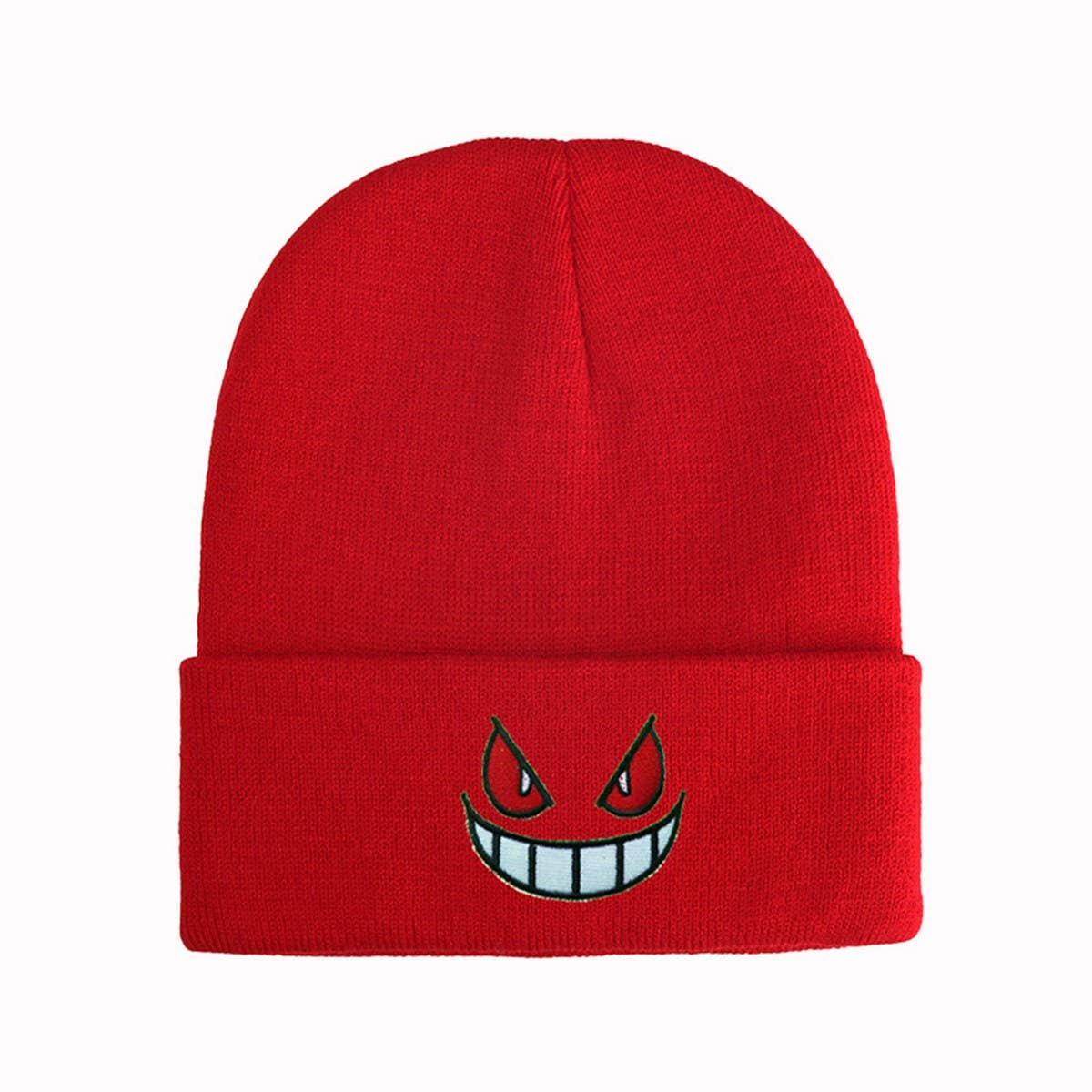 CWAH04354_EMBROIDERED CARTOON FACE KNIT BEANIE HAT