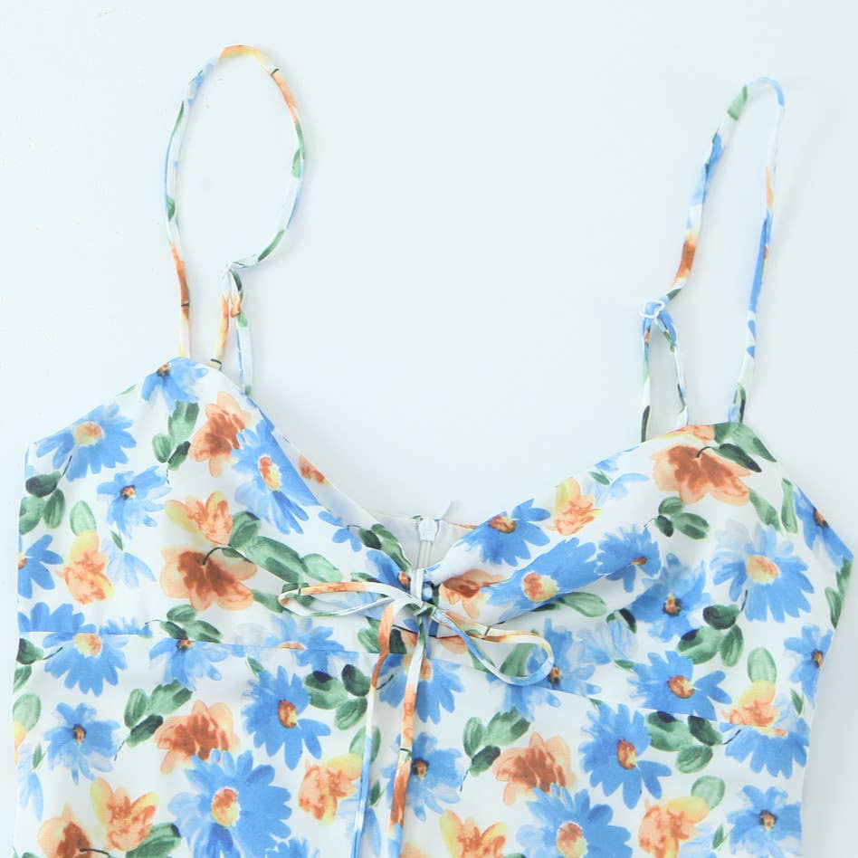 Daisy printed tie bow V-neck strappy long dress