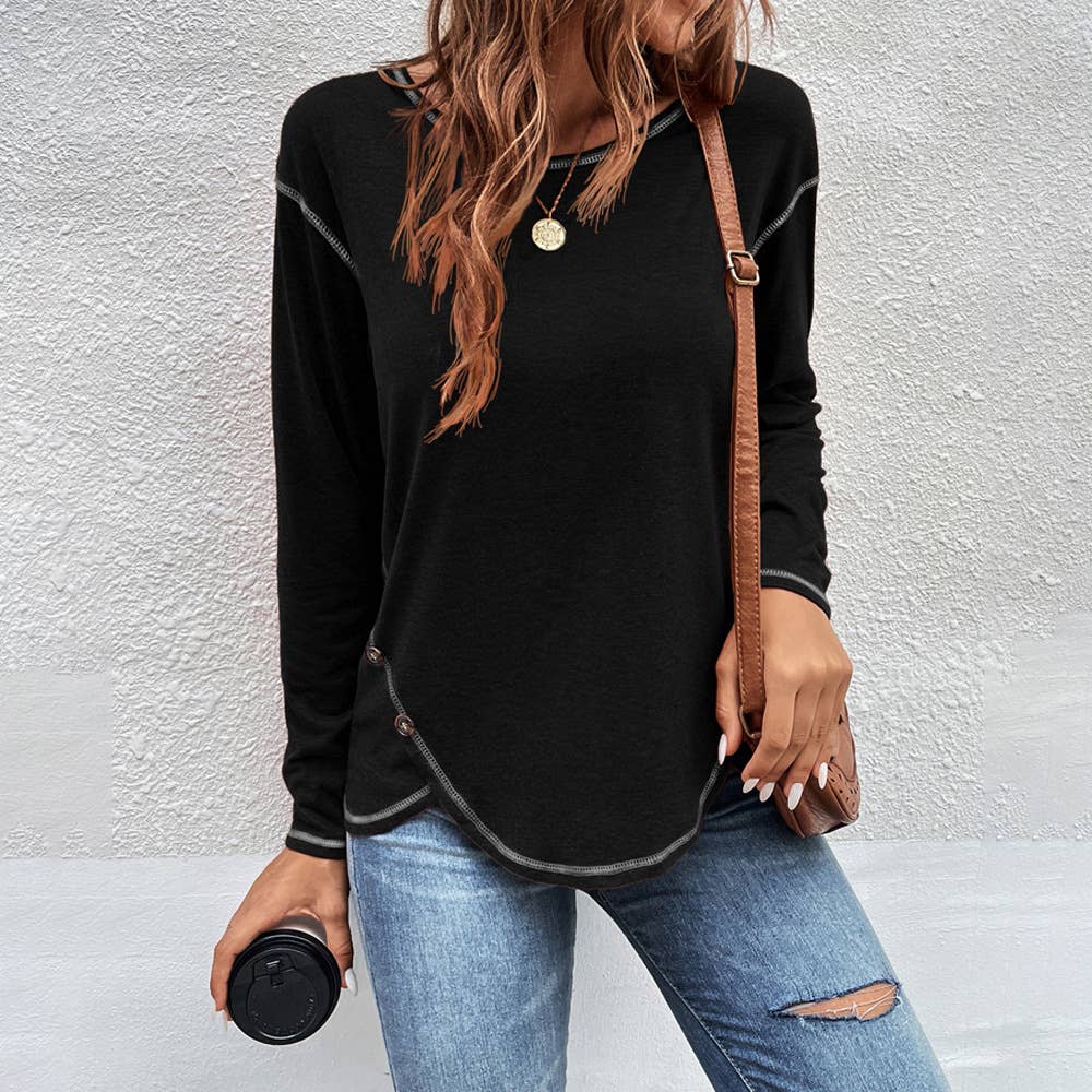 Decorative buttons irregular hem T-shirt