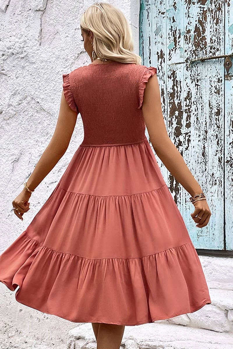 CWDSD2749_Round Neck Sleeveless Smocking Detailed Dress