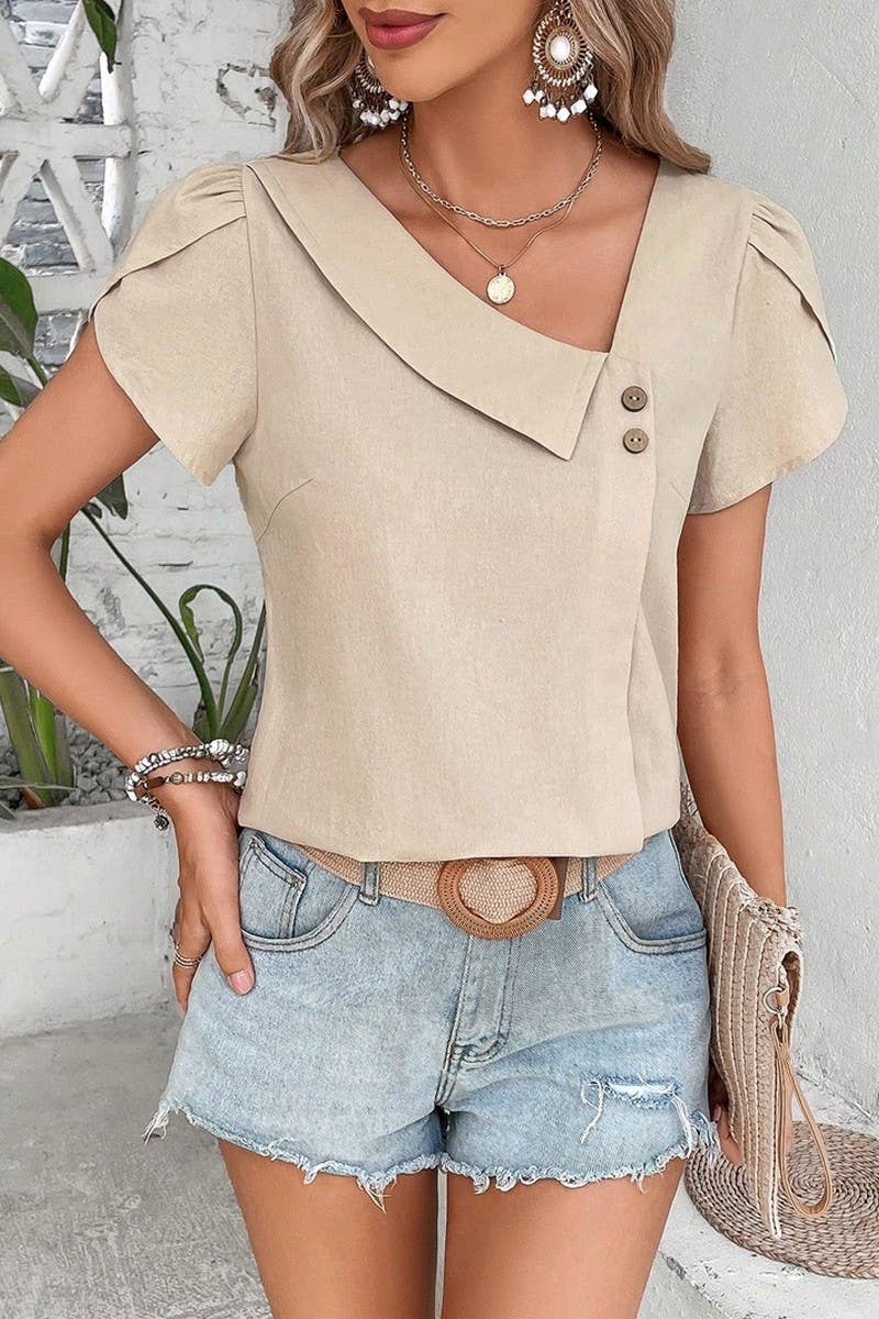 CWTBLS1824_SUMMER SMALL SLANT COLLAR DESIGN SOLID COLOR TOP