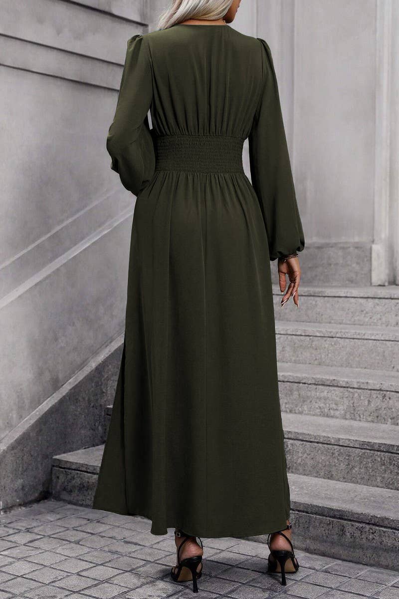 CWDMD3950_V-NECK LANTERN SLEEVES HIGH SLIT DRESS