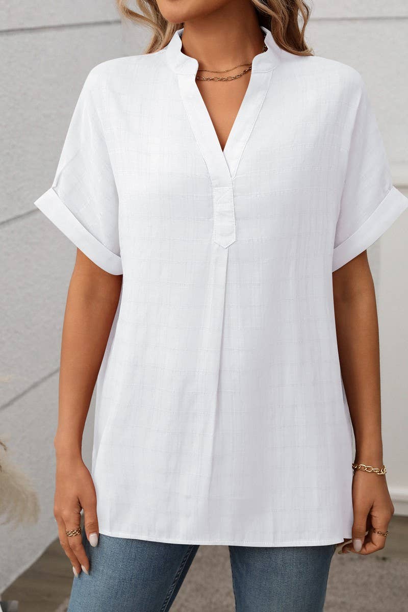 CWTBLS1720_V-NECK STRIPED LOOSE CHECK SHORT-SLEEVED SHIRT